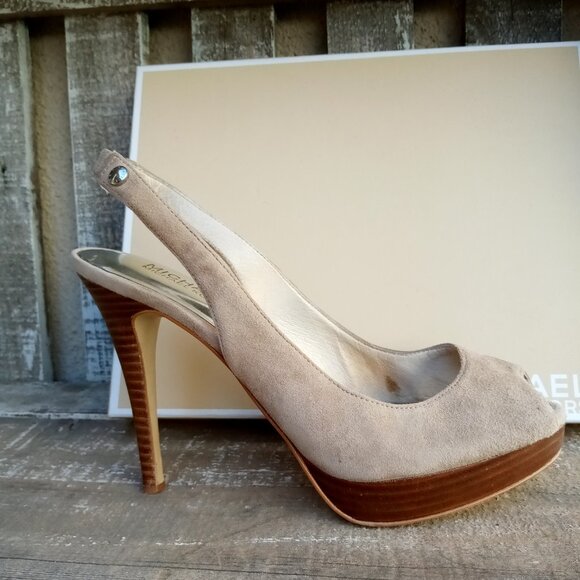 MICHAEL Michael Kors York Peep Toe Sling Back Suede / Wood  4.5" Heel  Size 8.5M - Picture 4 of 16
